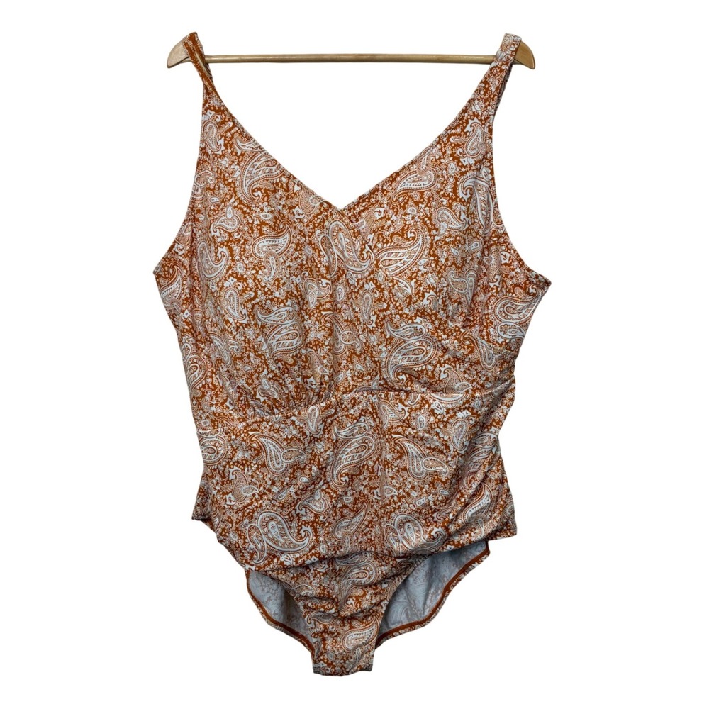 D&Co. Beach Orange Paisley One Piece Swimsuit V-Neck Comfy Beach Plus‎ Size 28W